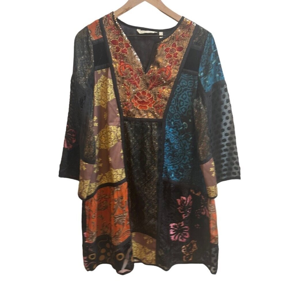 Soft Surroundings Adassa Tunic‎ Top Sequin Velvet Multi Print Bohemian Sz Small